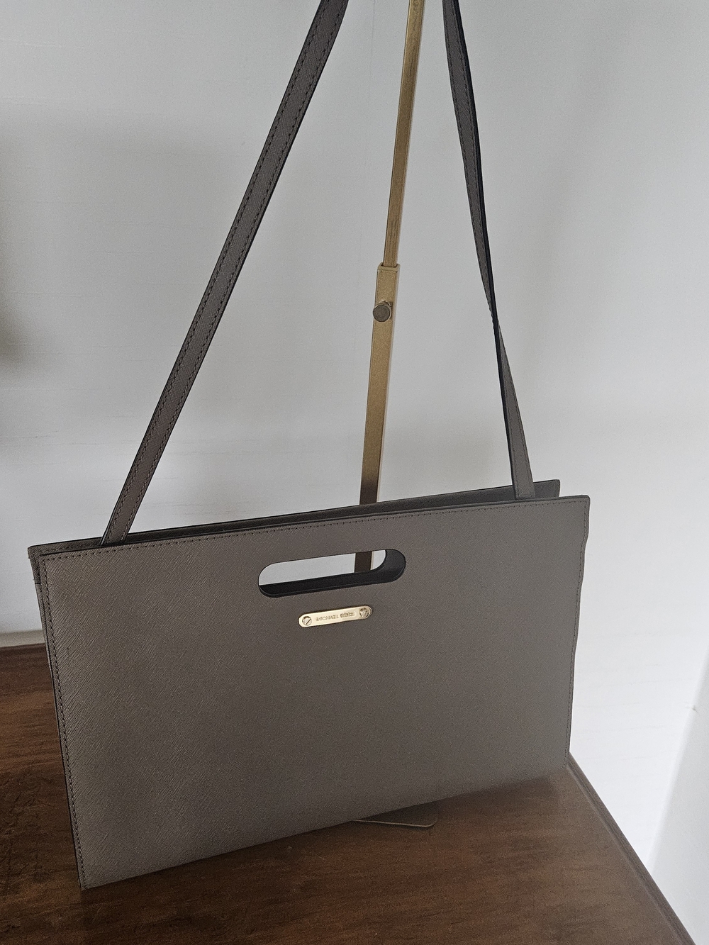 Michael Kors Taupe Saffiano Shoulder Bag with Cutout Handle